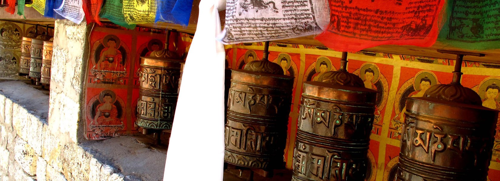 Prayer wheels and flags in Everest trek